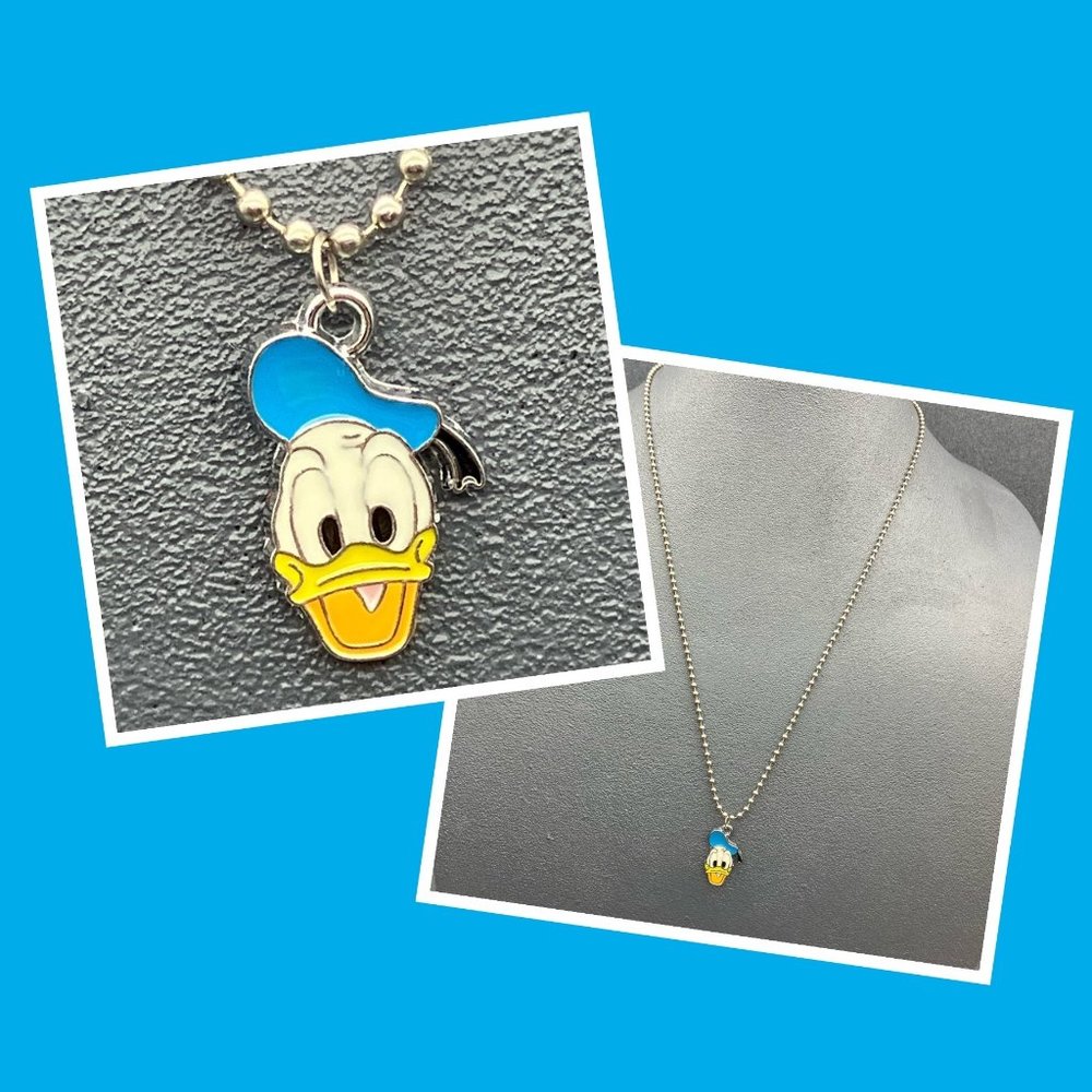 Donald Duck Head Pendant 24 In Silver Ball Chain Blue White And Yellow Retro